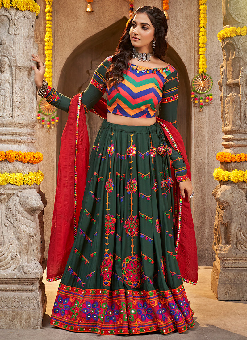 Green And Red Kutchi Embroidered Rajwadi Chaniya Choli