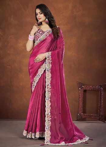 Rani Pink Sequence And Thread Embroidery Saree With Belt