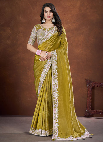 Mehendi Green Sequence And Thread Embroidery Saree With Belt