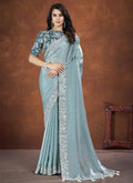 Teal Blue Sequence And Thread Embroidery Saree With Belt