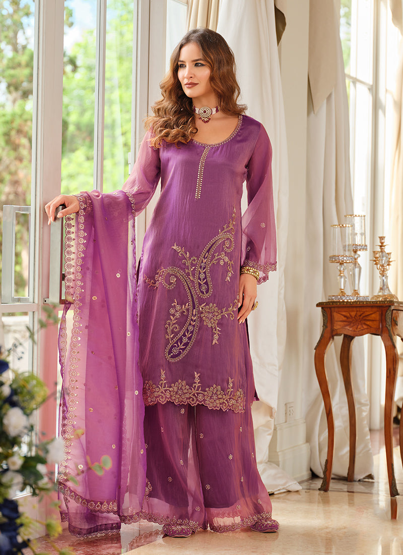 Mist Purple Organza Silk Palazzo Suit