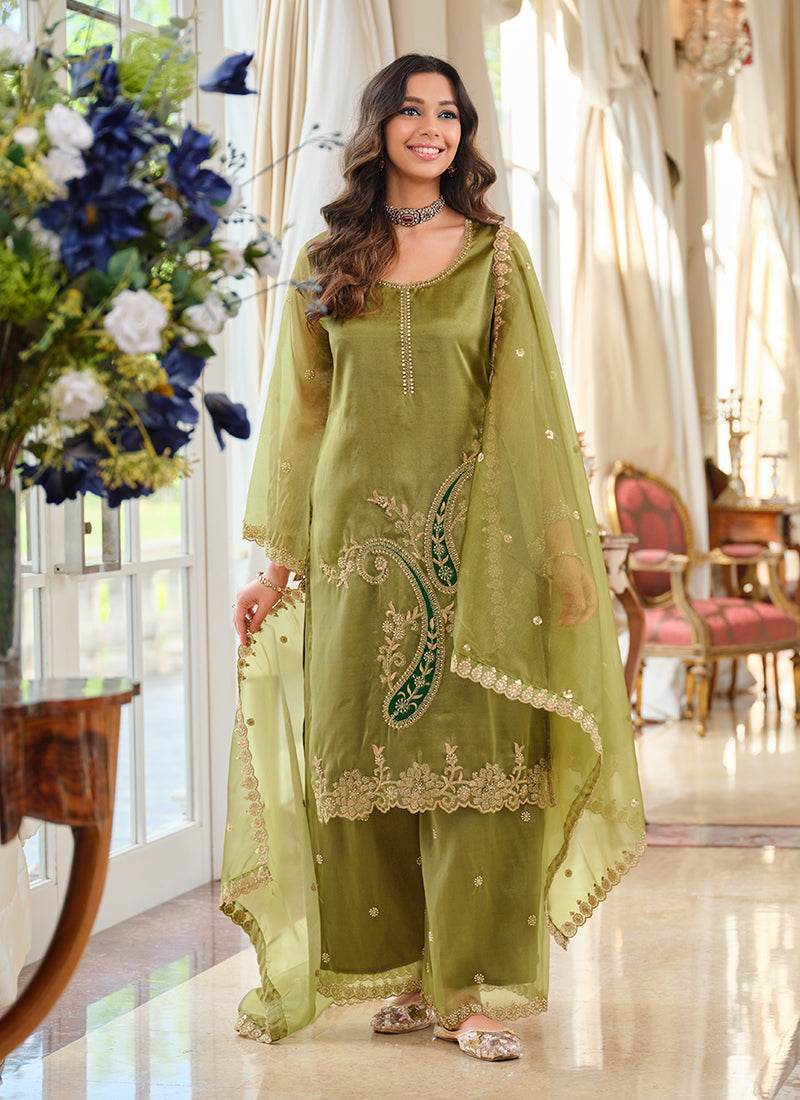 Green Organza Silk Palazzo Suit