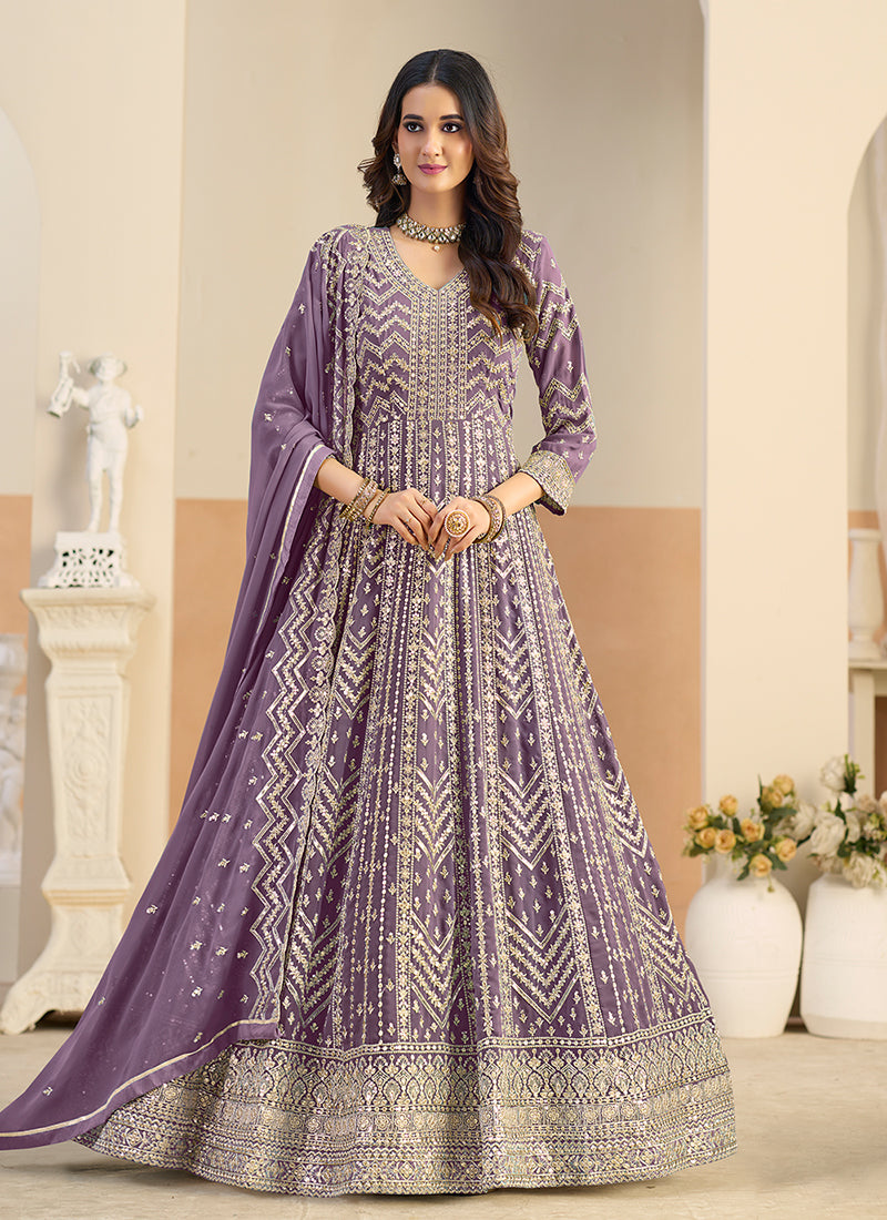 Purple Embroidery Festive Anarkali Suit