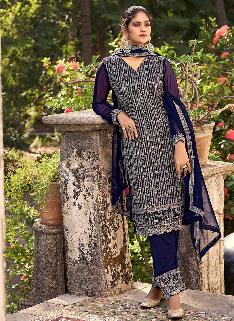 Buy Indian Clothing Blue Sequence Embroidery Wedding Pant Suit In USA