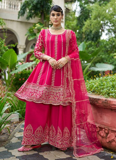Magenta Pink Zari Embroidered Anarkali Sharara Suit