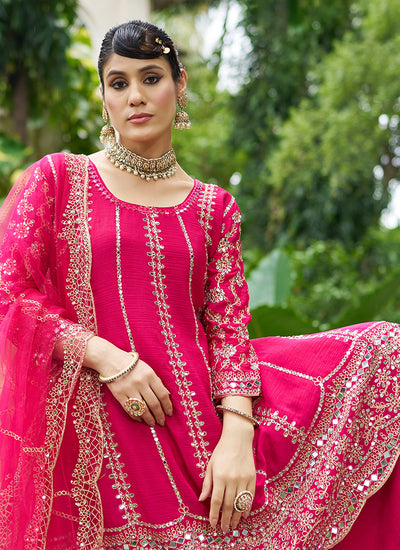 Magenta Pink Zari Embroidered Anarkali Sharara Suit