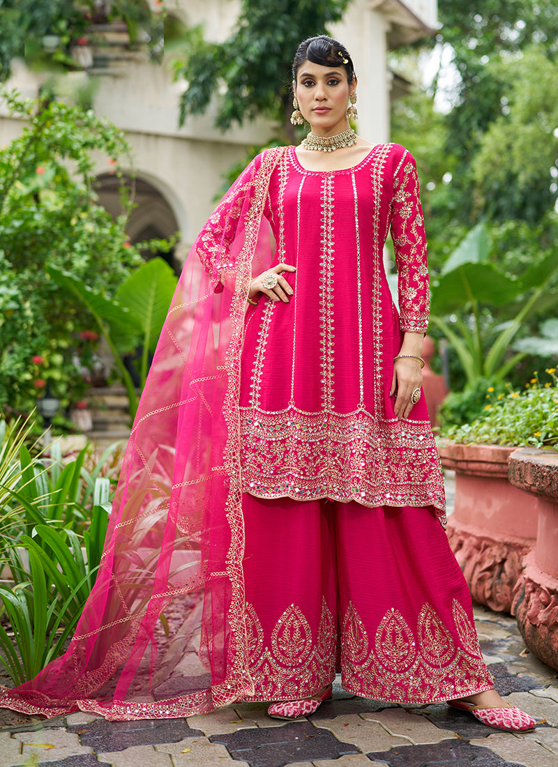 Magenta Pink Zari Embroidered Anarkali Sharara Suit