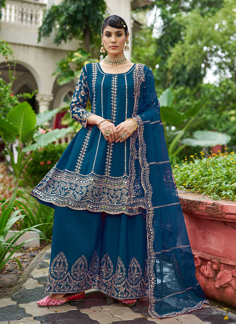 Royal Blue Zari Embroidered Anarkali Sharara Suit