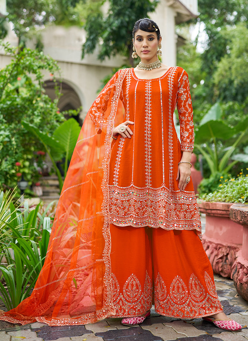 Orange Zari Embroidered Anarkali Sharara Suit