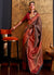 Brown And Red Zari Weaved Handloom Silk Saree