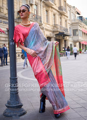 Rani Pink And Blue Printed Handloom Woven Viscose Saree