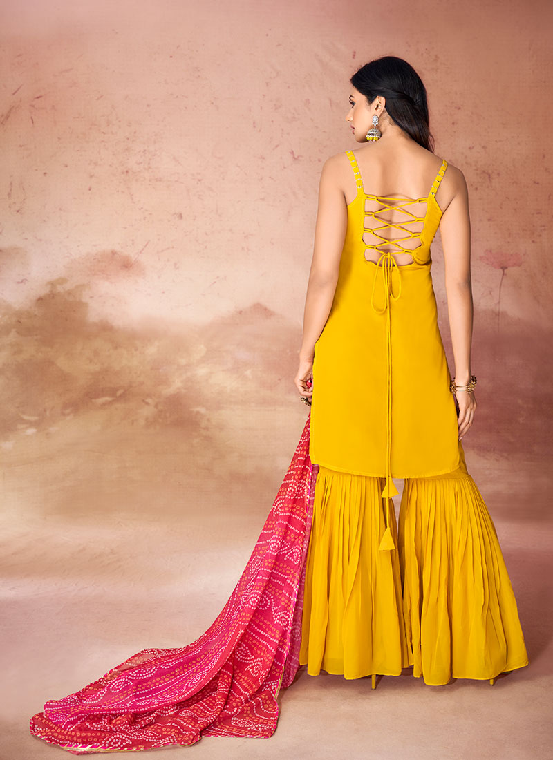 Yellow Embroidered Sequence Work Top Gharara & Dupatta Set