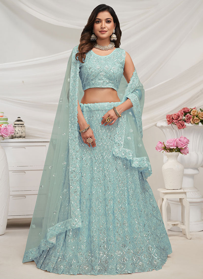 Teal Blue Sequence Embroidery Wedding Lehenga Choli