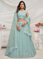 Teal Blue Sequence Embroidery Wedding Lehenga Choli