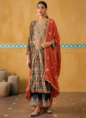 Grey And Orange Embroidered Velvet Kurta Pant Suit