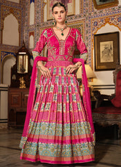 Magenta Pink Multicoloured Handwork Designer Gown