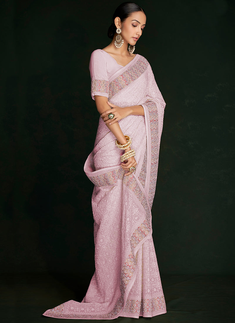 Pink Multi Embroidery Lucknowi Saree In USA Leesburg