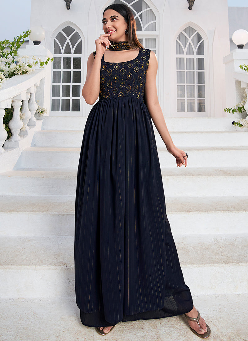 Dark Blue Zari And Sequence Embroidery High Slit Anarkali Suit