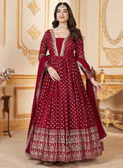 Red Metallic Foil Work Embellished Anarkali Gown And Dupatta