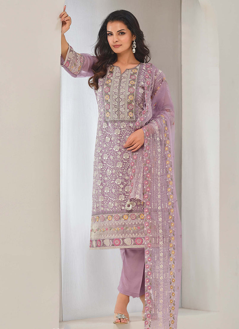 Lavender Embroidery Pakistani Pant Style Suit