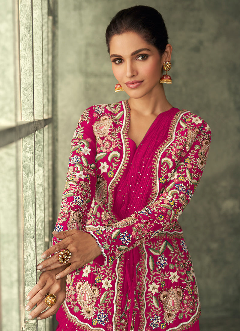 Buy Engagement Outfit Hot Pink Multi Embroidery Saree Gown With Jacket