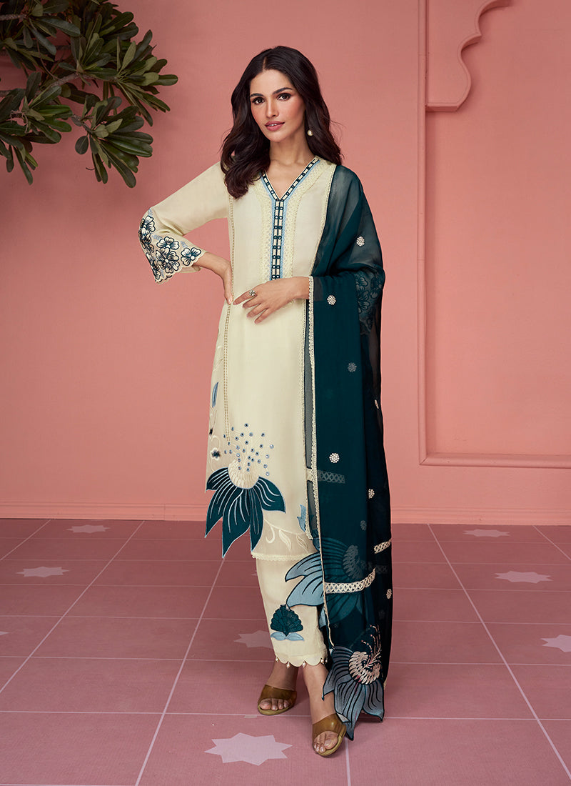Buy Pant Suits Cream And Turquoise Floral Embroidery Pakistani Pant