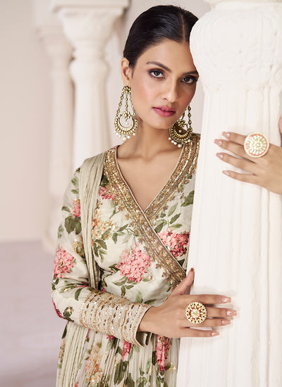 Indian Clothes - Off White Organza Silk Embroidery Floral Anarkali Suit