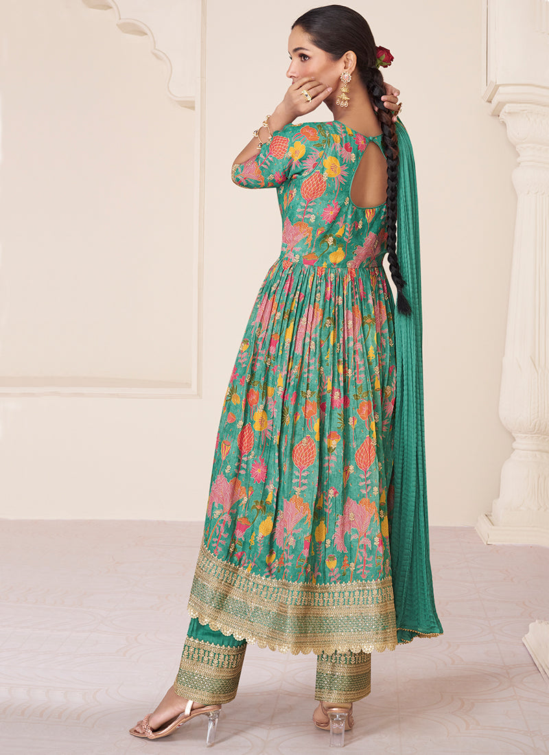 Green Organza Silk Floral Anarkali Pant Suit In Usa Germany