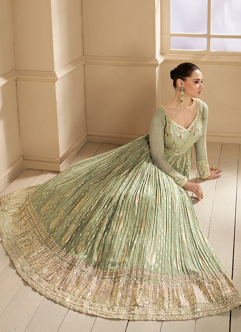 Party Wear Green Thread & Sequins Work Anarkali Suit main image 1