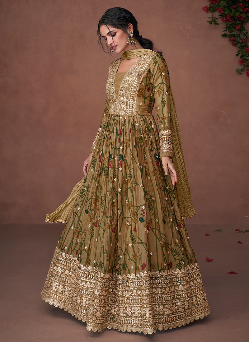 Buy Olive Green Designer Embroidered Printed Anarkali Gown Online | Hatkay Buy Olive Green Designer Embroidered Printed Anarkali Gown Online | Hatkay