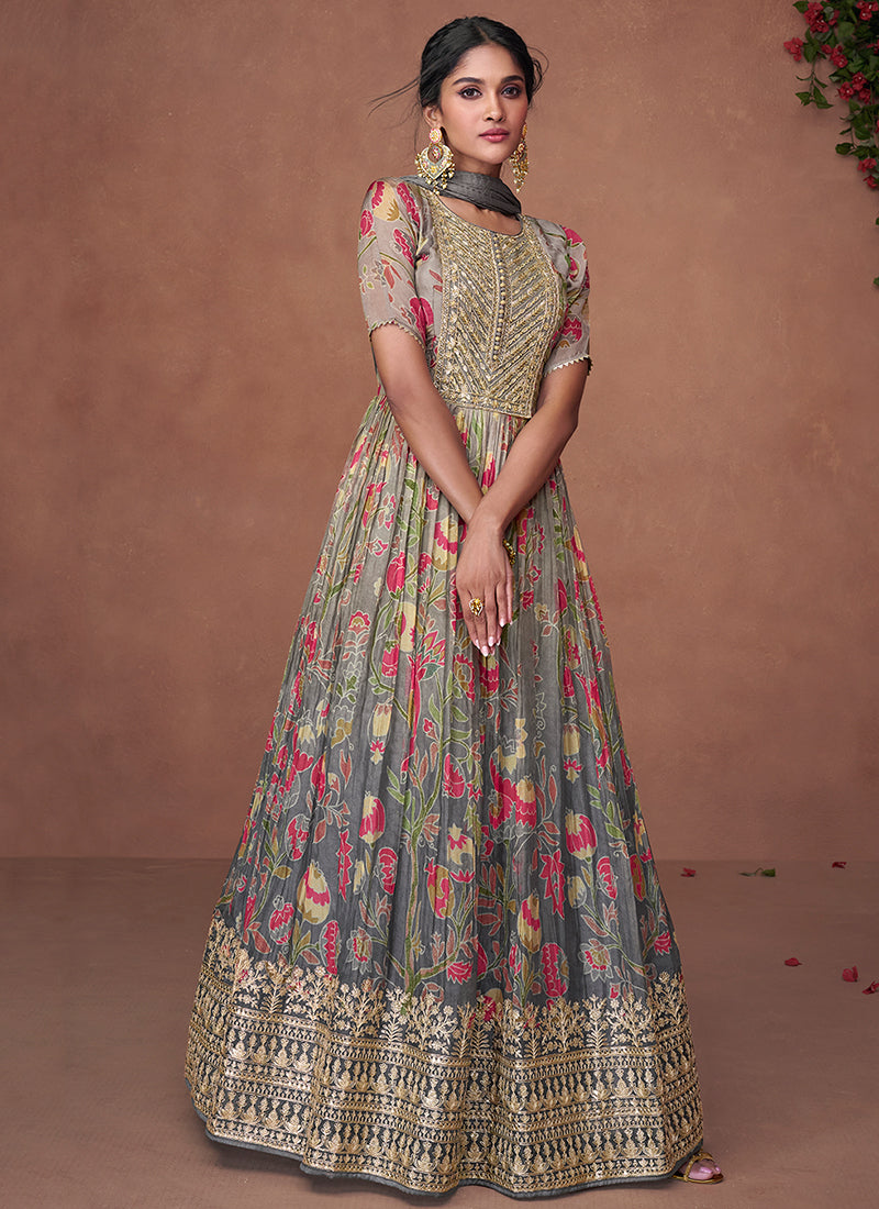 Buy Grey Multi Designer Embroidered Printed Anarkali Gown Online | Hatkay Buy Grey Multi Designer Embroidered Printed Anarkali Gown Online | Hatkay