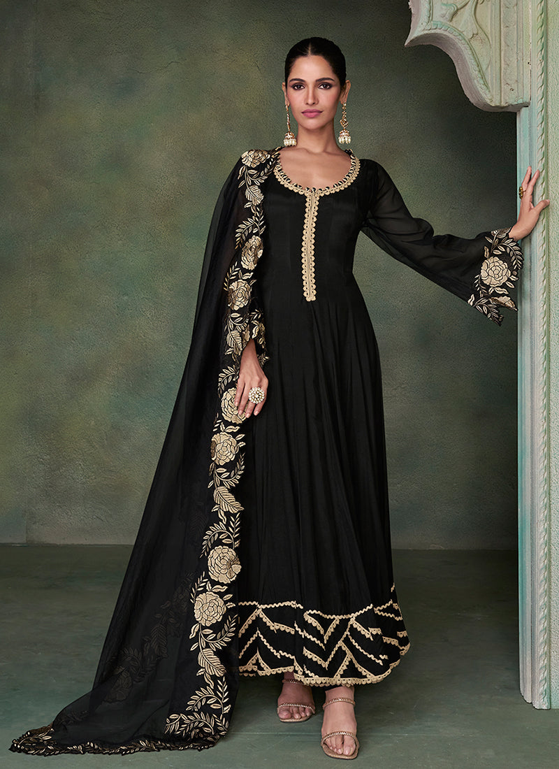 Buy Black Golden Embroidery Wedding Anarkali Suit Online | Hatkay Buy Black Golden Embroidery Wedding Anarkali Suit Online | Hatkay