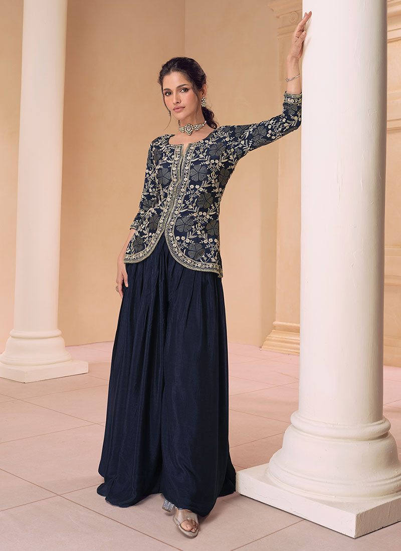 Shop Palazzos Online - Dark Blue Sequence Embroidery Designer Kurti And Palazzo In Canada USA UK With Free International Shipping Worldwide.