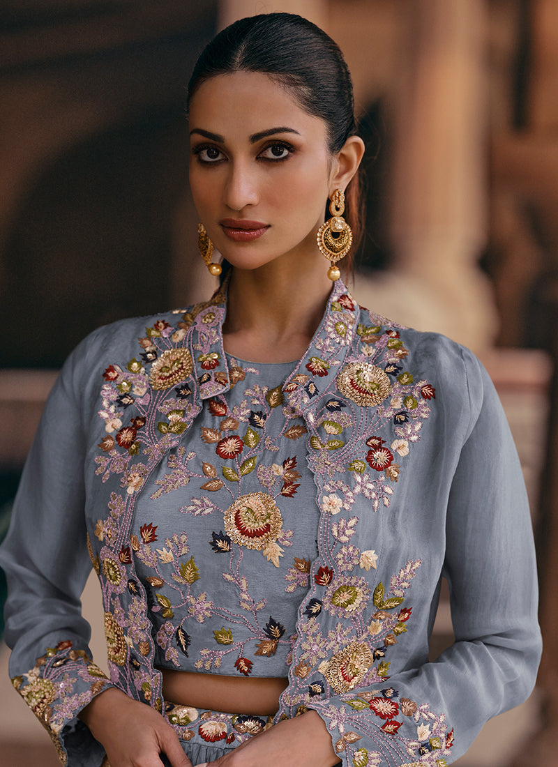 Mist Blue Embroidered Lehenga Choli With Jacket