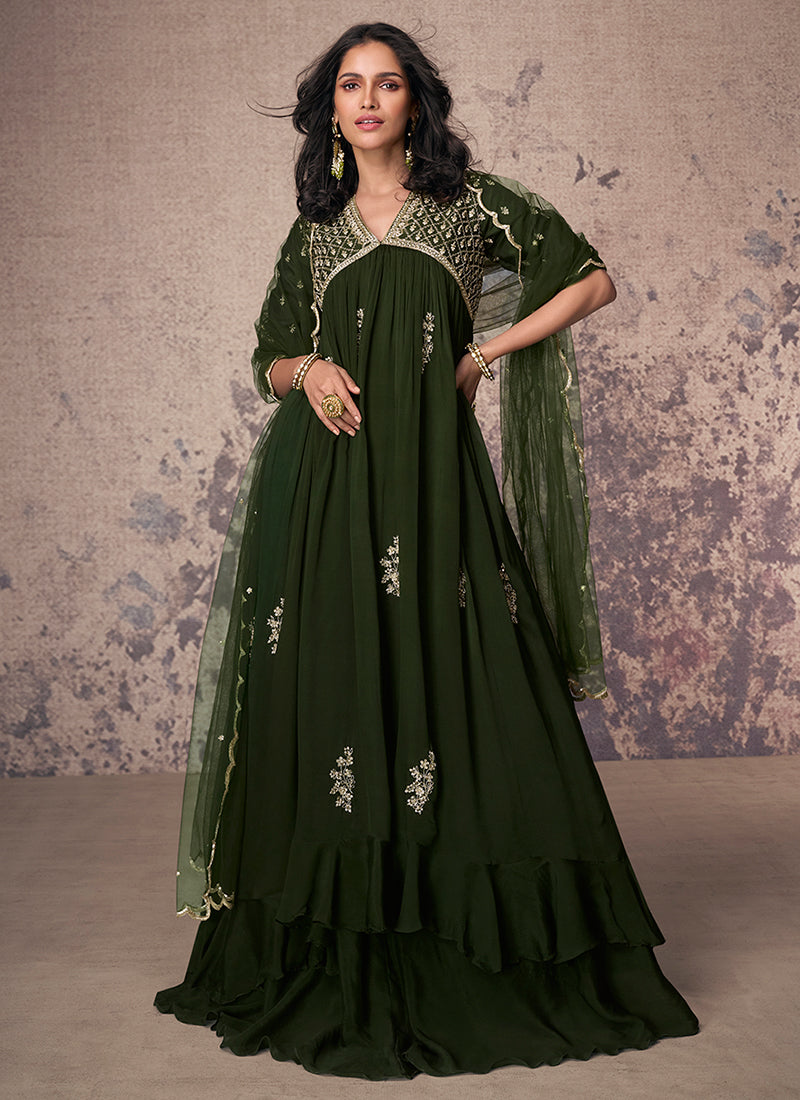 Buy Olive Green Embroidered Chinnon Anarkali Gown Online | Hatkay Buy Olive Green Embroidered Chinnon Anarkali Gown Online | Hatkay