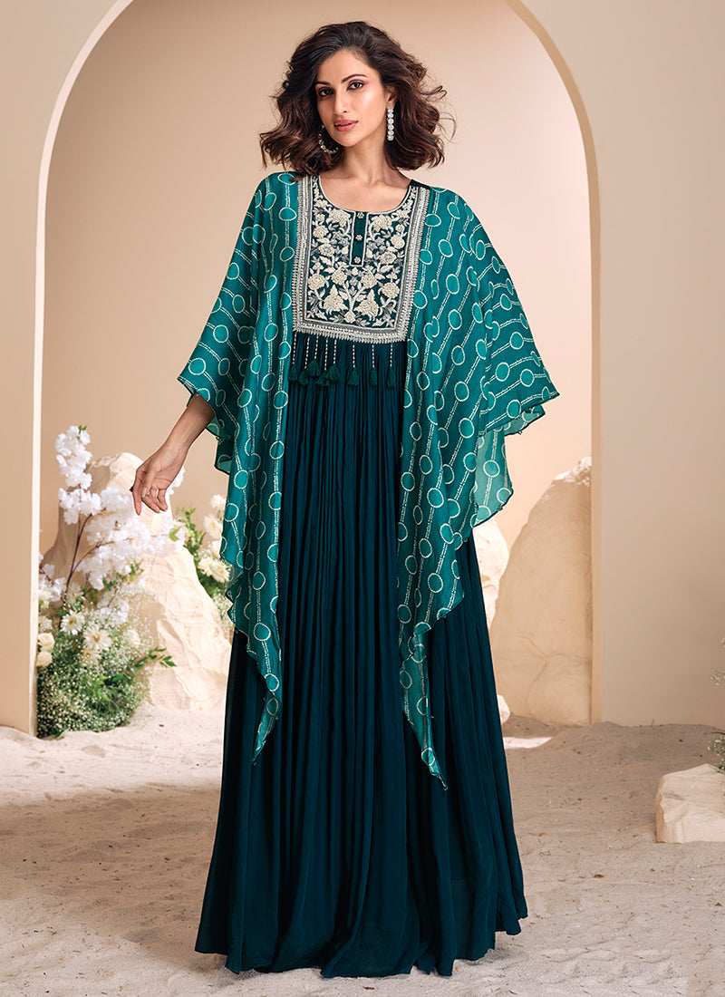 Buy Turquoise Blue Multi Embroidery Designer Anarkali Gown Online | Hatkay Buy Turquoise Blue Multi Embroidery Designer Anarkali Gown Online | Hatkay