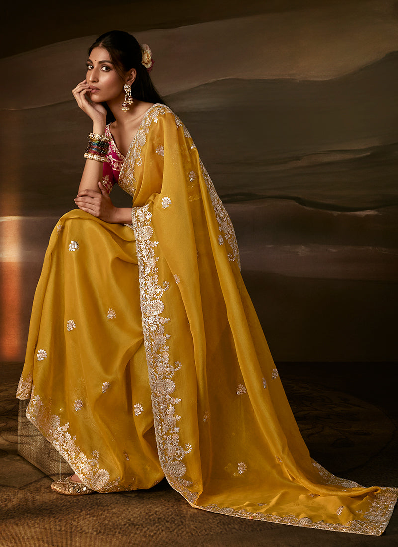 Yellow And Pink Embroidered Organza Silk Saree
