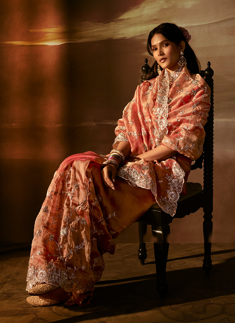 Coral And Red Embroidered Organza Silk Saree
