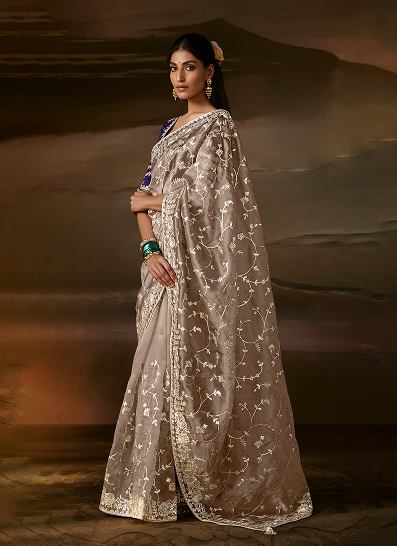 Beige And Purple Embroidered Organza Silk Saree