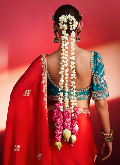 Red and Firozi Saree with Handworked Blouse