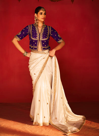 Off White and Purple Saree with Handworked Blouse