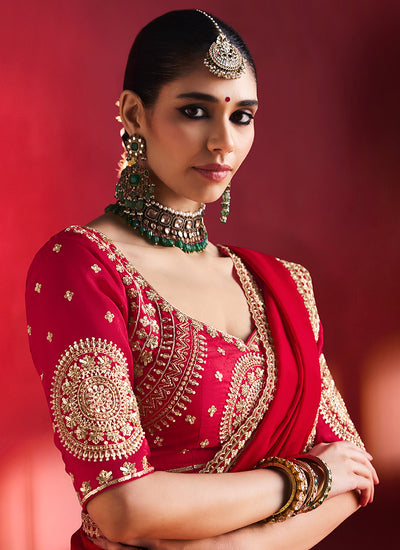 Bridal Red Saree with Handworked Blouse