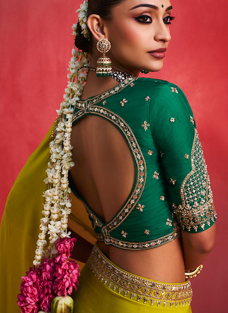 Yellow and Green Saree with Handworked Blouse