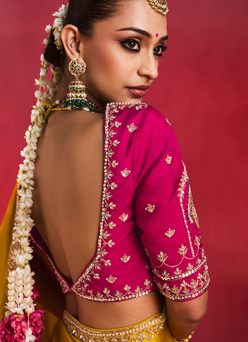 Yellow and Magenta Saree with Handworked Blouse