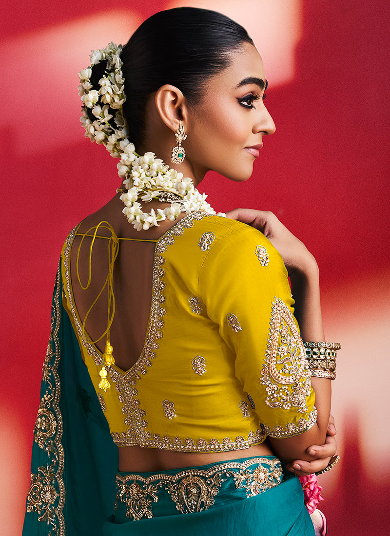 Teal Blue and Yellow Saree with Handworked Blouse