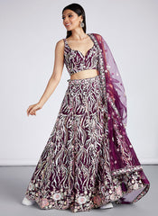 Deep Wine Multi Embroidery Lehenga Choli And Dupatta
