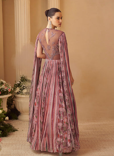 Buy Pink Embroidered Sleeve Anarkali Gown In Canada