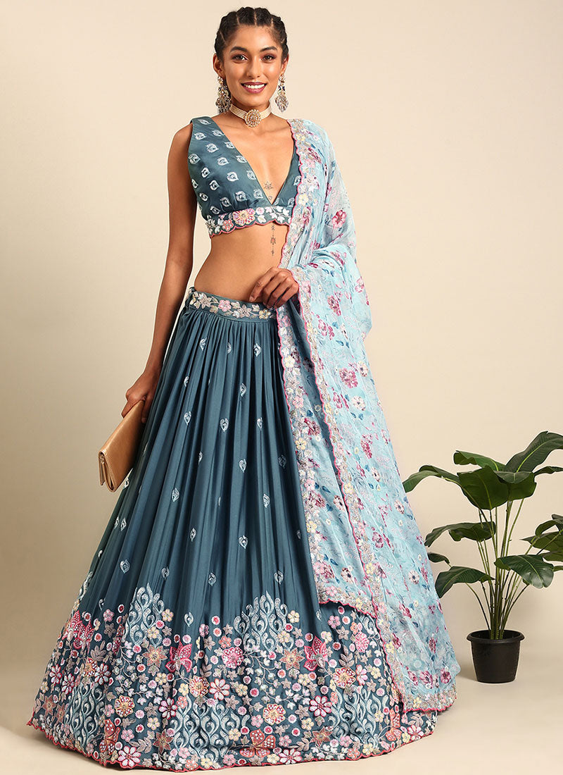 Teal Blue Multi Embroidery Wedding Lehenga Choli