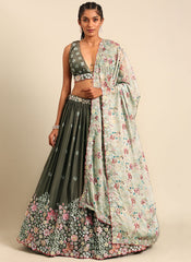 Olive Green Multi Embroidery Wedding Lehenga Choli