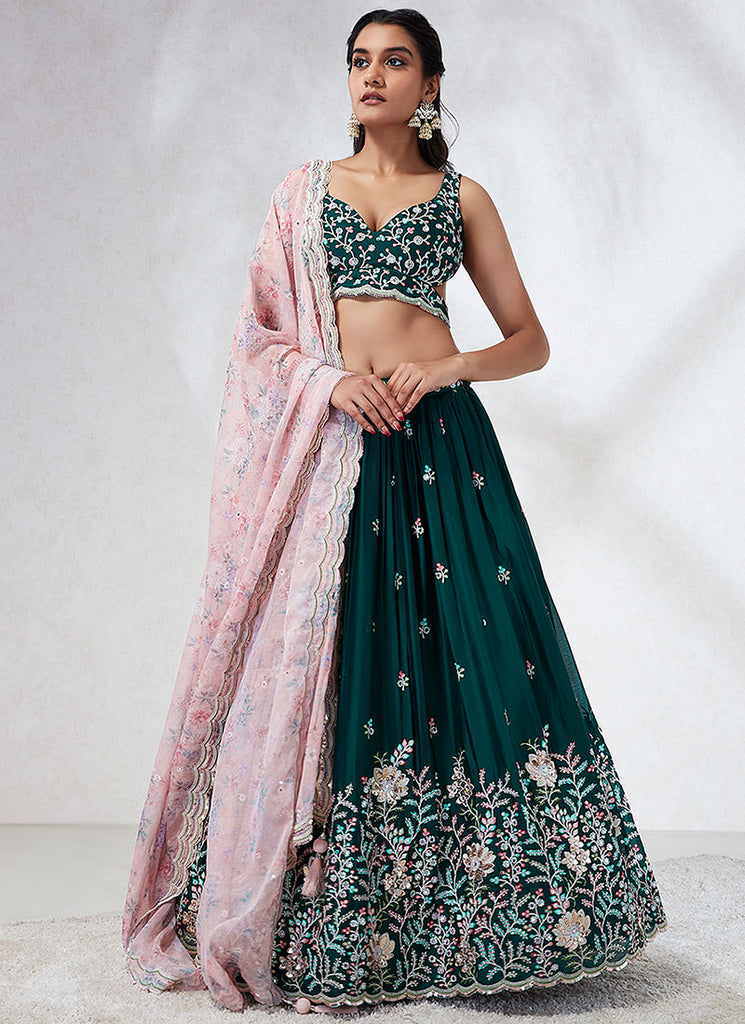 Green And Pink Multi Embroidery Wedding Lehenga Choli